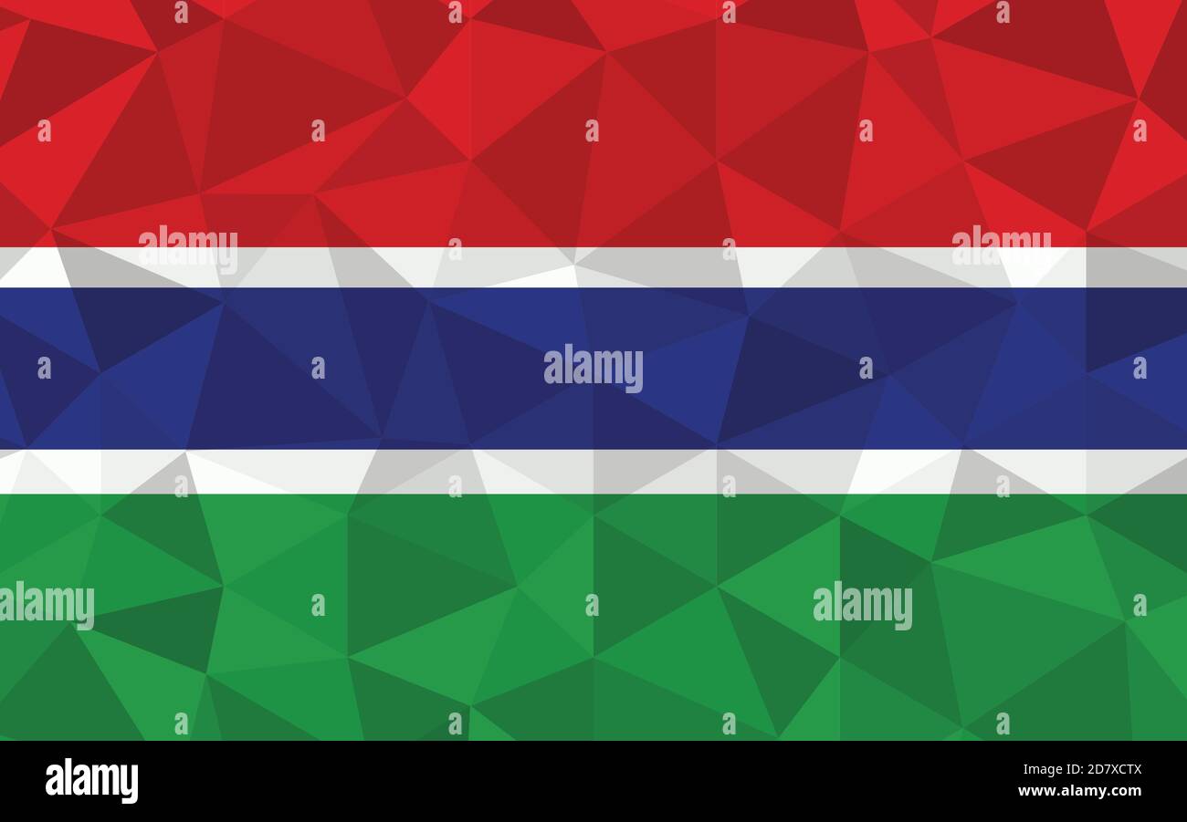 Low Poly Gambia Flag Vektor Illustration. Dreieckige Gambia Flagge Grafik. Die gambische Landesflagge ist ein Symbol der Unabhängigkeit. Stock Vektor