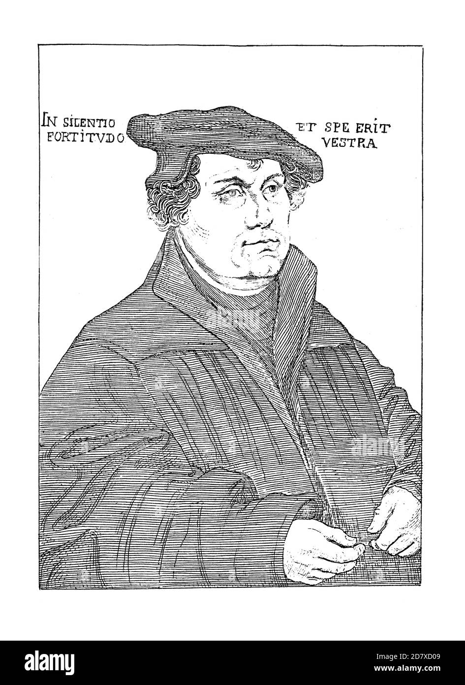 Antiker Kupferstich mit Martin-Luther-Porträt von Lucas Cranach dem Älteren (datiert 1533). Illustration veröffentlicht in Systematischer Bilder Atlas - Stockfoto