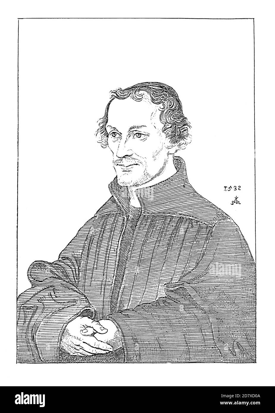 Antike Gravur aus dem 19. Jahrhundert, die das Porträt von Philip Melanchthon von Lucas Cranach dem Älteren darstellt. Illustration veröffentlicht in Systematischer Bilder bei Stockfoto