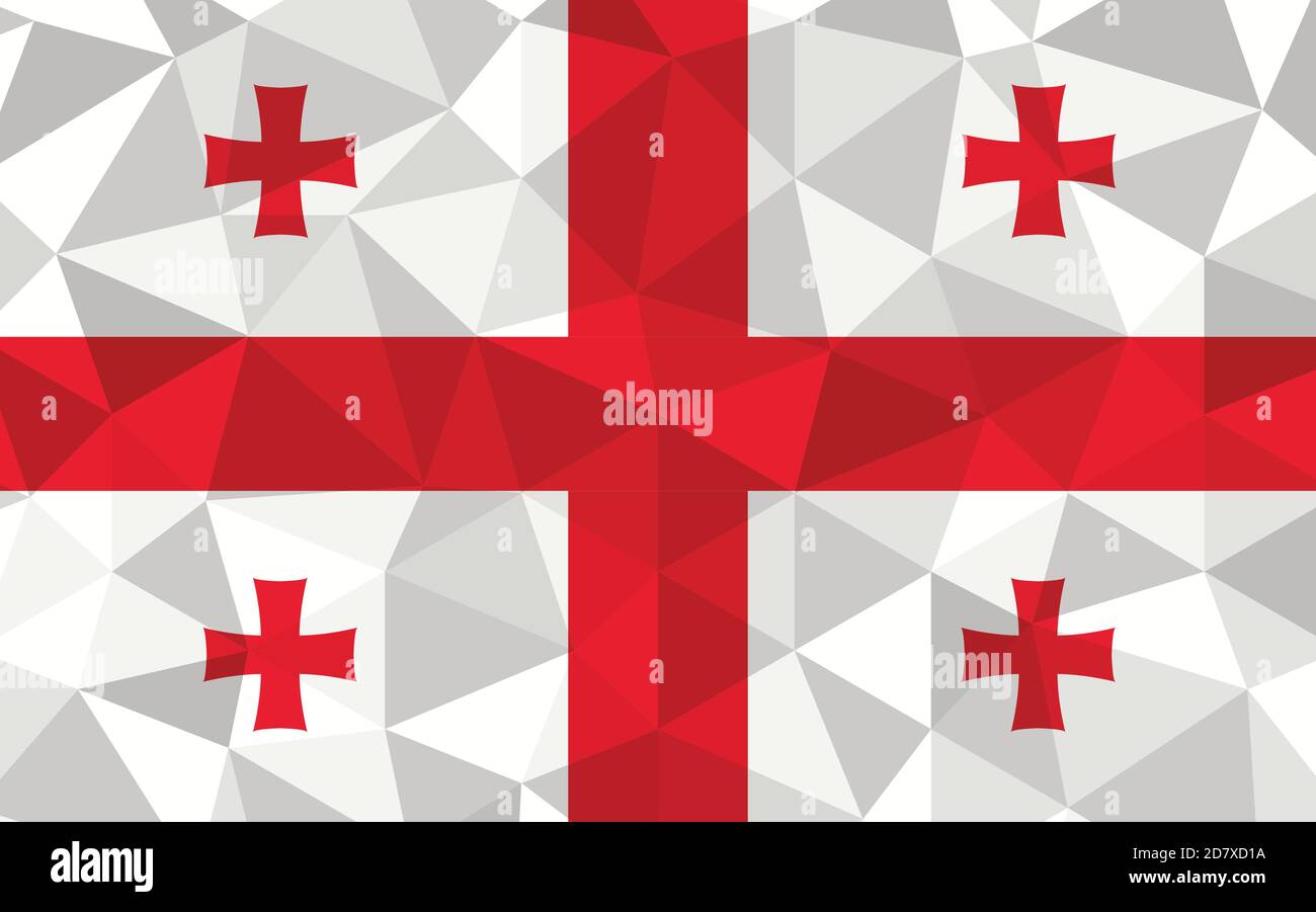 Low Poly Georgia Flagge Vektor Illustration. Dreieckige georgianische Flagge Grafik. Die georgische Landesflagge ist ein Symbol der Unabhängigkeit. Stock Vektor