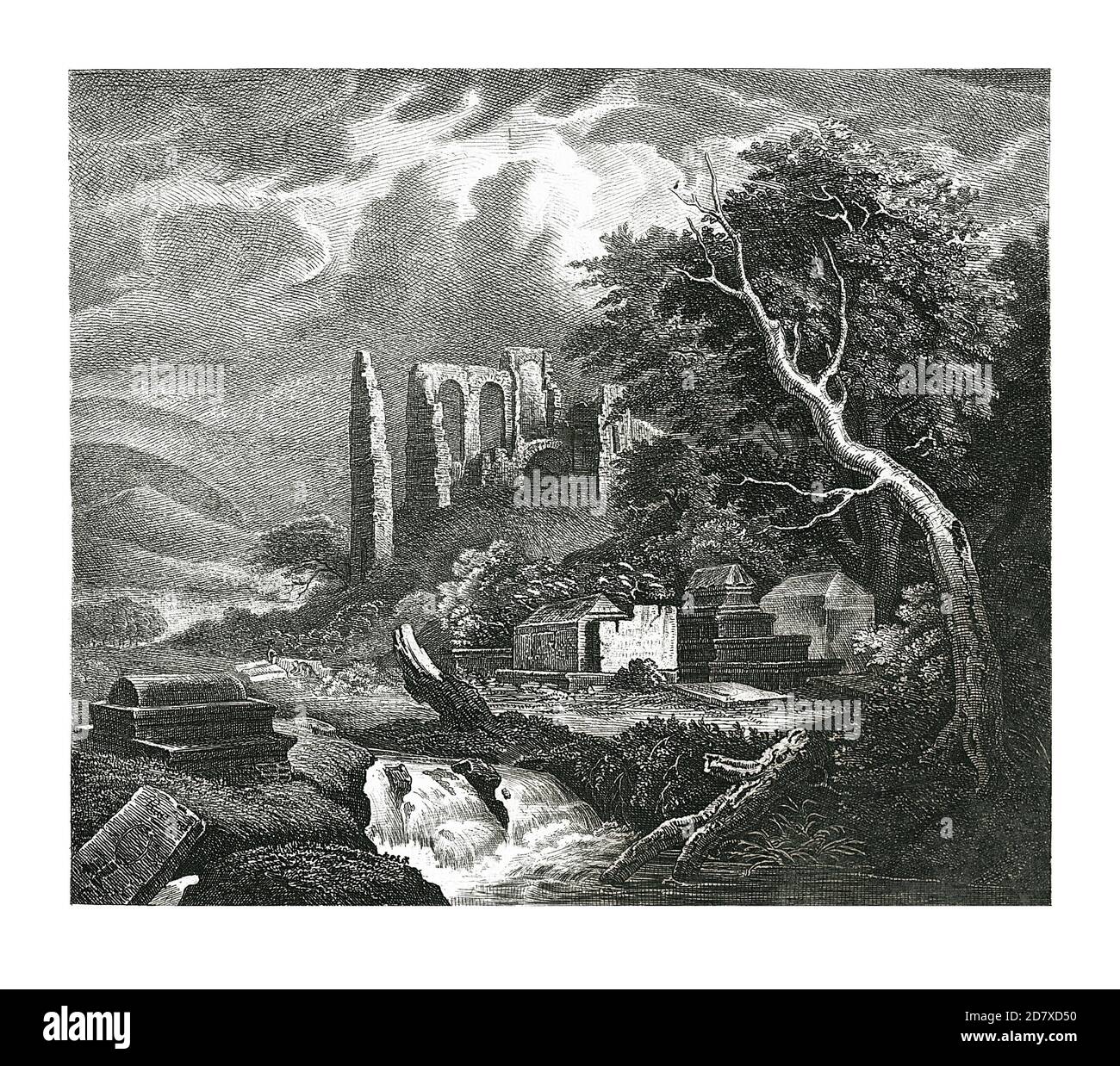 Stich aus dem 19. Jahrhundert mit Darstellung des jüdischen Friedhofs, Ölgemälde von Jacob Isaackszoon van Ruisdael, niederländischer Landschaftsmaler. Er wurde geboren c. 1628 in Haar Stockfoto