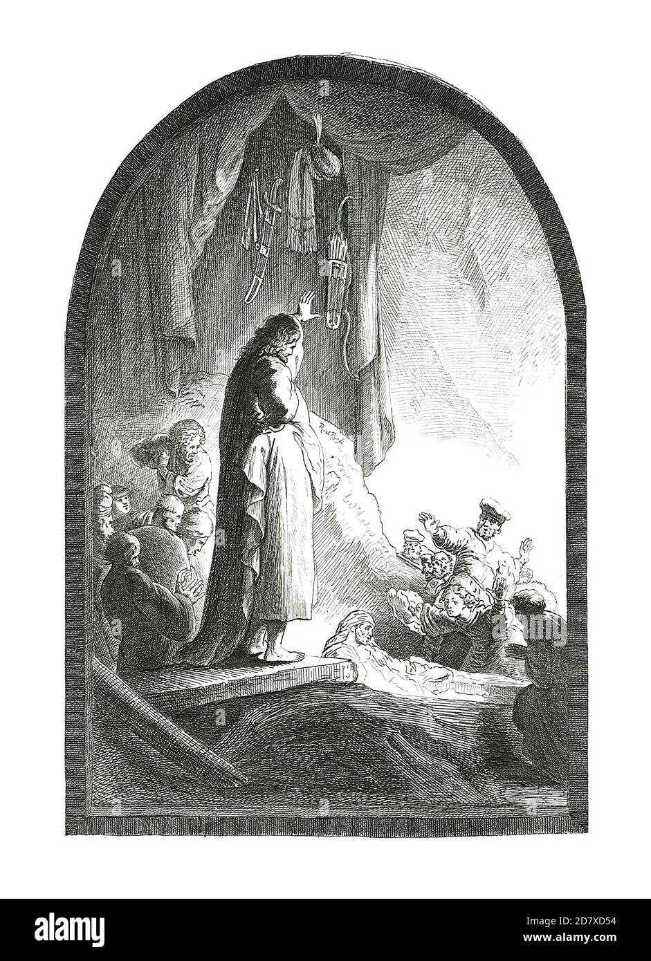 Antike Illustration aus dem 19. Jahrhundert, die die Auferweckung des Lazarus darstellt, Gemälde von Rembrandt. Er wurde am 15. Juli 1606 in Leiden, Niederlande geboren und stirbt Stockfoto