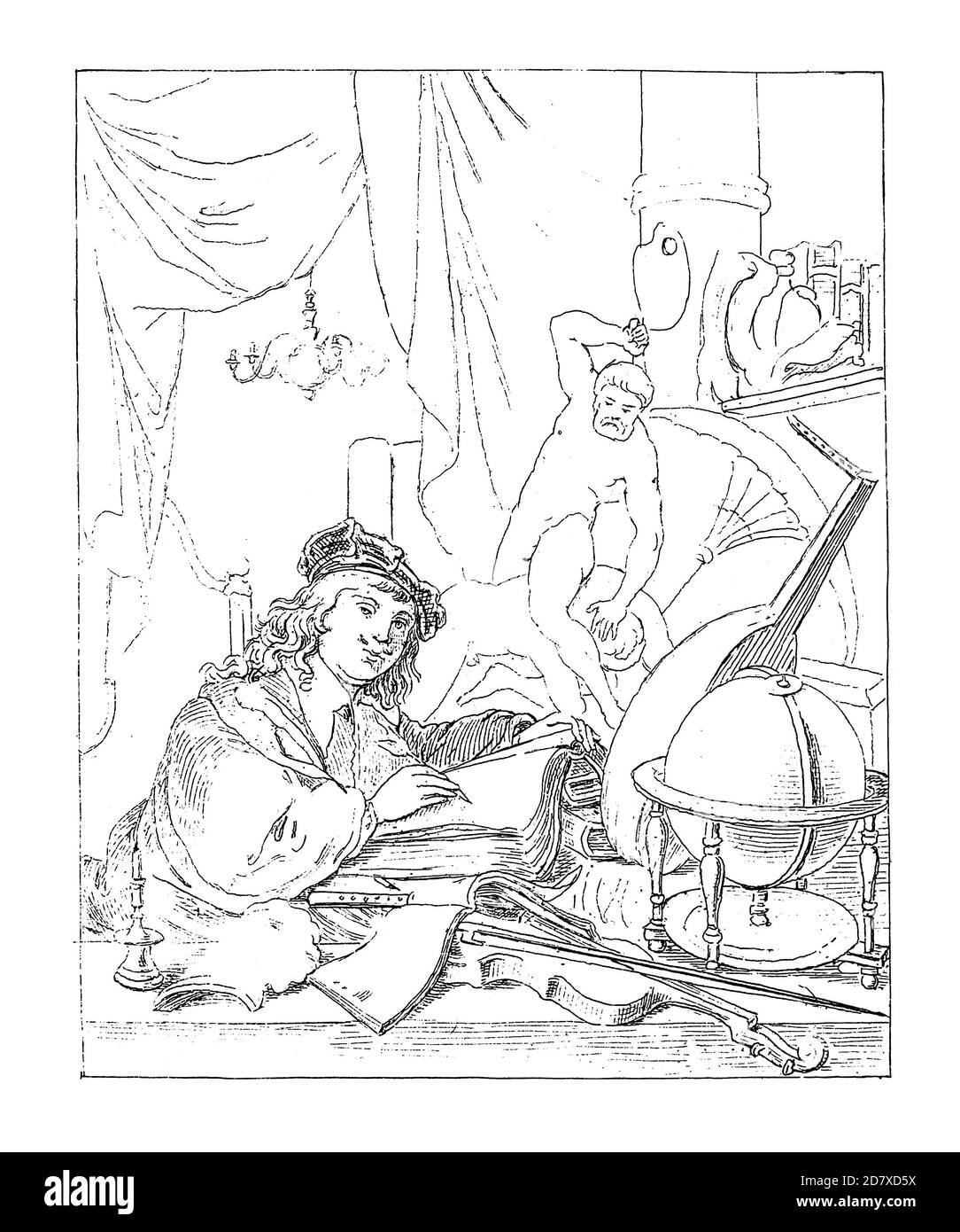 Antike Illustration des Malers aus dem 19. Jahrhundert in seinem Atelier, Gemälde von Gerrit Dou (datiert 1647). Dou war holländischer Maler des Goldenen Zeitalters, der speci Stockfoto
