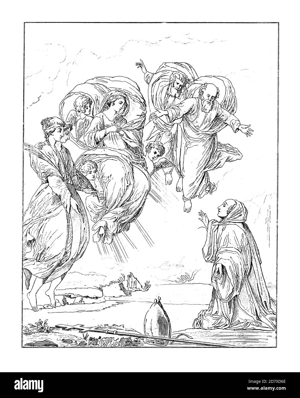 Antike Illustration aus dem 19. Jahrhundert, die die Erscheinung der Jungfrau Maria mit den heiligen Agnes und St. Martin bis St. Thekla darstellt, Gemälde von Eustache Le Sueur. Er wa Stockfoto