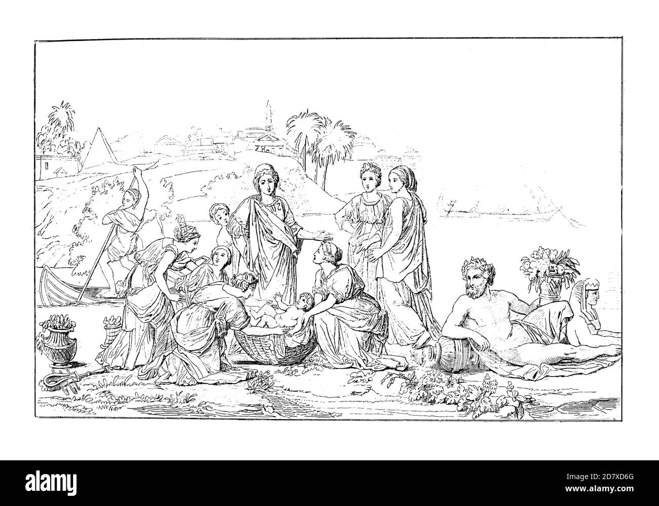 Antike Illustration, die Baby Moses aus dem Fluss gerettet, Gemälde von Nicolas Poussin (datiert 1647). Er (15. Juni 1594 – 19. November 1665) war ein F Stockfoto