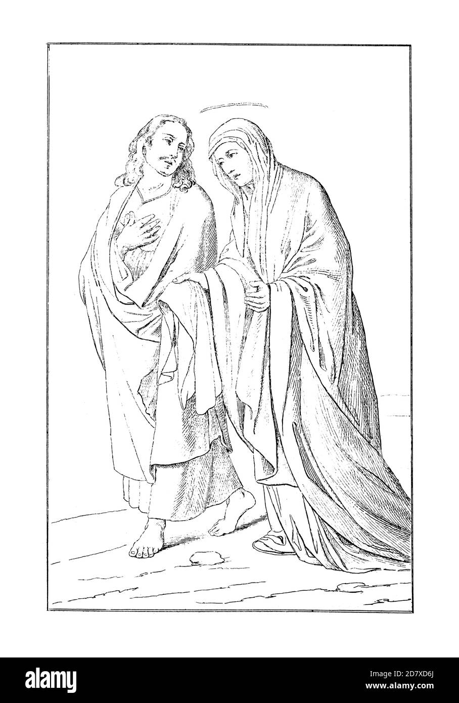 Antike Gravur aus dem 19. Jahrhundert, die Johannes den Apostel und die Jungfrau Maria darstellt, Gemälde von Francisco Zurbaran - spanischer Maler, berühmt für seine religiöse p Stockfoto