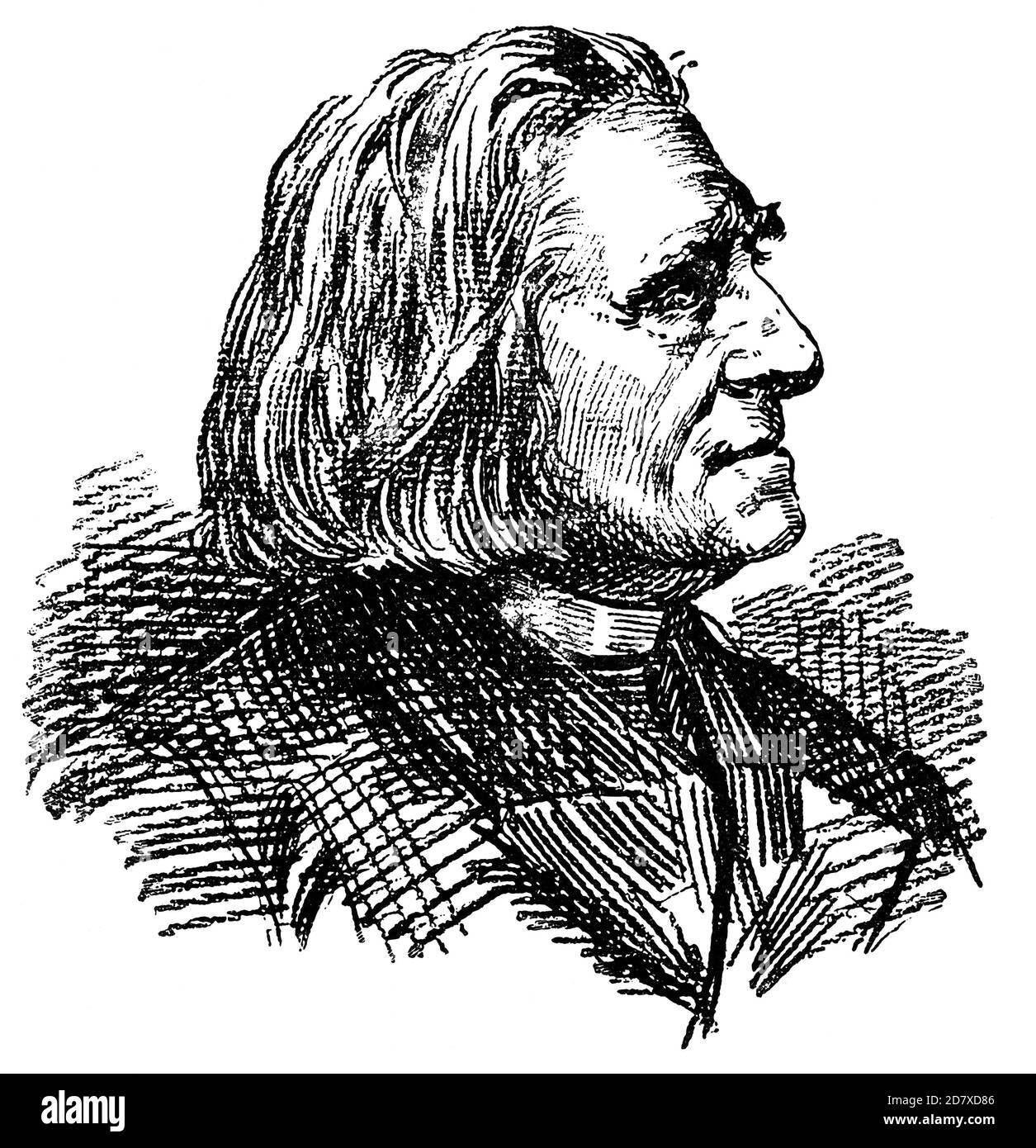 Portrait von Franz Liszt (reife Jahre) - ein ungarischer Komponist, virtuoser Pianist, Dirigent, Musiklehrer, Arrangeur und Organist der Romantik. Illustration des 19. Jahrhunderts. Weißer Hintergrund. Stockfoto