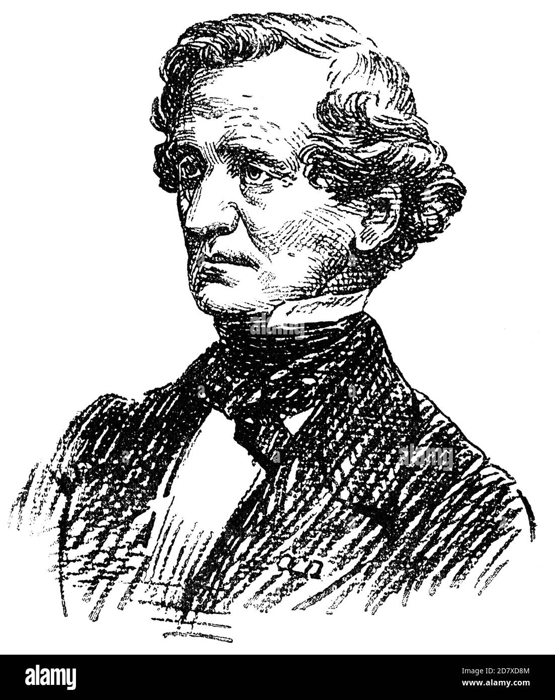 Porträt von Hector Berlioz - einem französischen romantischen Komponisten. Illustration des 19. Jahrhunderts. Weißer Hintergrund. Stockfoto