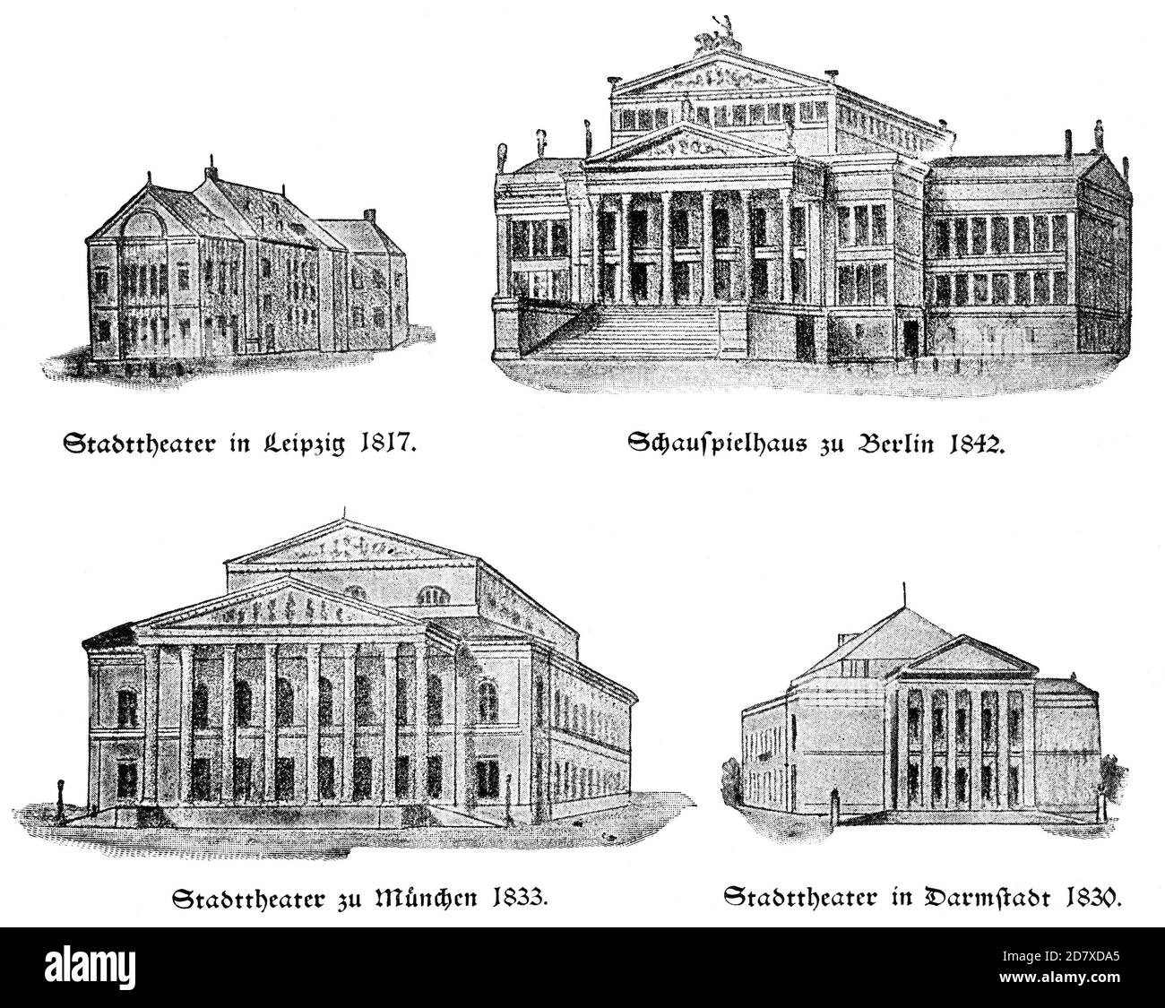 Konzerthaus (Schauspielhaus) Berlin, 1842, Stadttheater Leipzig, 1817, Stadttheater München, 1833, Staatstheater Darmstadt, 1830. Illustration des 19. Jahrhunderts. Weißer Hintergrund. Stockfoto