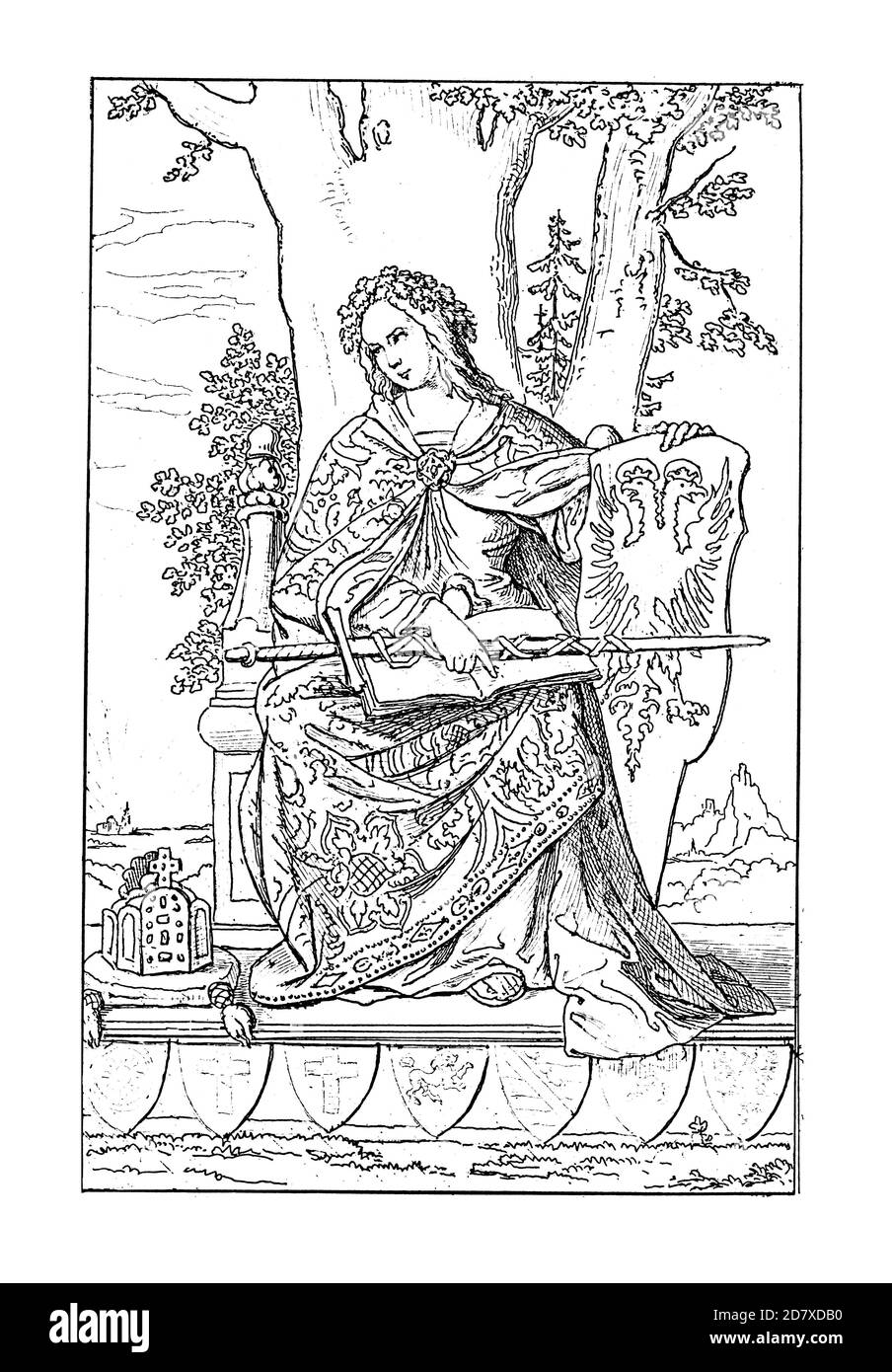 Antiker Stich aus dem 19. Jahrhundert mit allegorischen Figuren der Germania, Gemälde von Philipp Veit (fertig gestellt 1834 - 36). Veit war deutsche romantische Farbe Stockfoto
