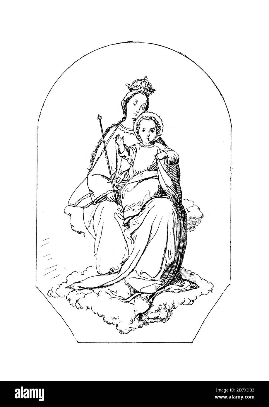 Antike Gravur mit der Heiligen Mutter und Kind, Gemälde von Ernst Deger. Er war deutscher religiöser Künstler, geboren am 15. April 1809 in Bockenem, deutsch Stockfoto