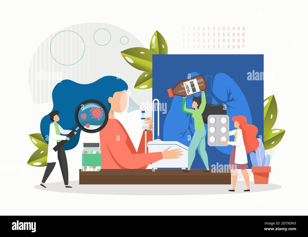 Frau mit Vernebler, flache Vektorgrafik. Gerät zur Behandlung von Asthma, Lungenentzündung, Viren. Stock Vektor