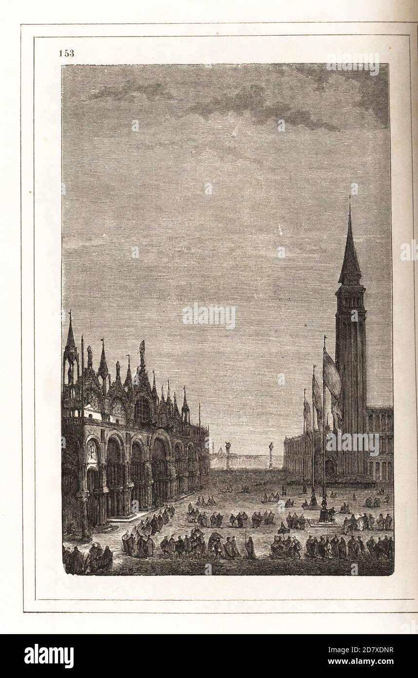 Blick vom Uhrenturm des Markusplatzes, Venedig, 16. Jahrhundert. Links die Markusbasilika mit vier Bronzepferden über der Tür. Rechts der Campanile mit drei Flaggen. In einem dekorativen Rahmen graviert von H. Catenacci und Fellmann. Holzschnitt von Gerard Seguin und E.F. Huyot nach einem Holzschnitt von Christoph Krieger aus Cesare Vecellio's Costumes anciens et modernes, Habiti Antichi et moderni di tutto il mondo, Firman Didot Ferris Fils, Paris, 1859-1860. Stockfoto