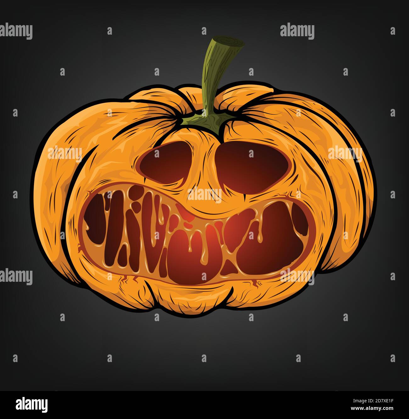 Halloween Kürbis mit gruseligem Gesicht auf dunklem Hintergrund. Vektorgrafik. Stockfoto