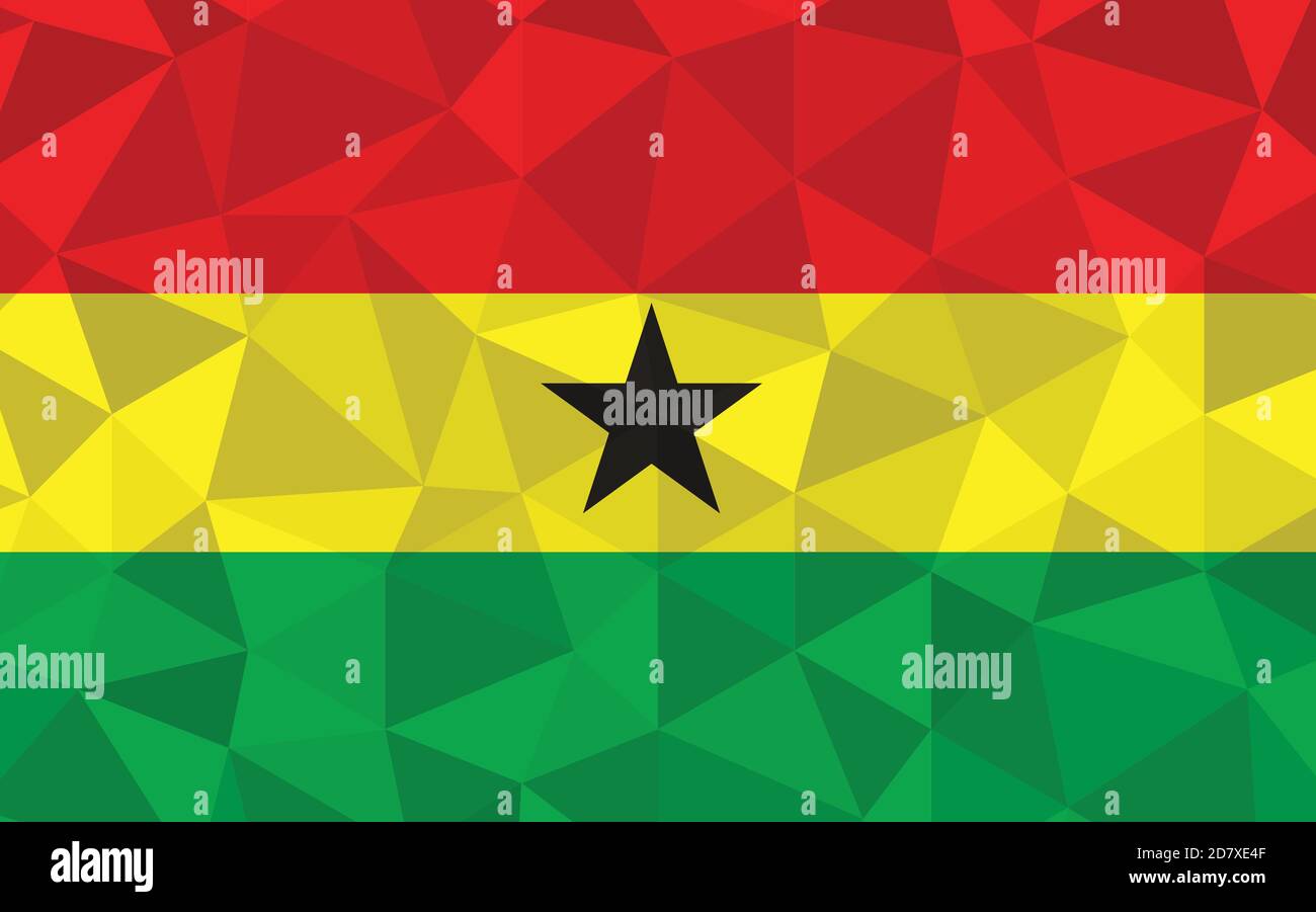 Low Poly Ghana Flagge Vektor Illustration. Dreieckige Grafik mit ghanaischer Flagge. Die Ghana-Landesflagge ist ein Symbol der Unabhängigkeit. Stock Vektor