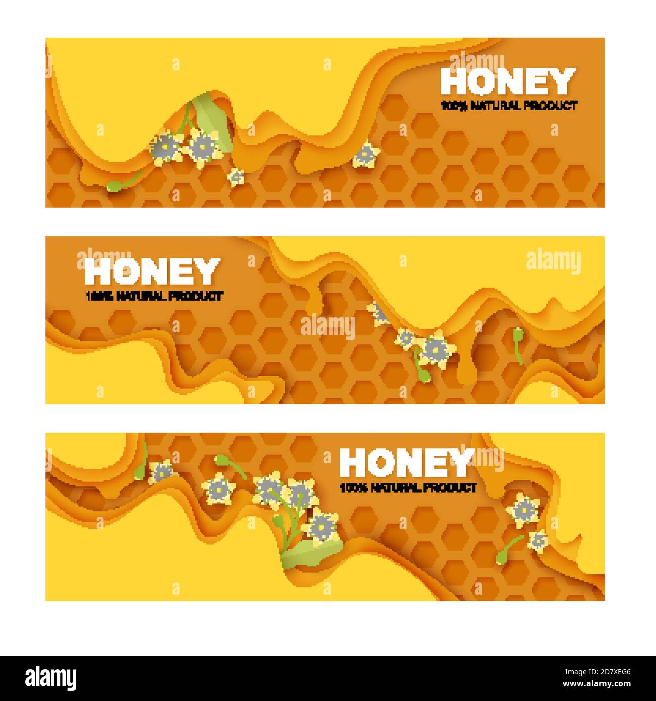 Honig, gesunde Bio-Naturprodukt Bannervorlage Set. Vektorgrafik im Papierkunststil. Stock Vektor