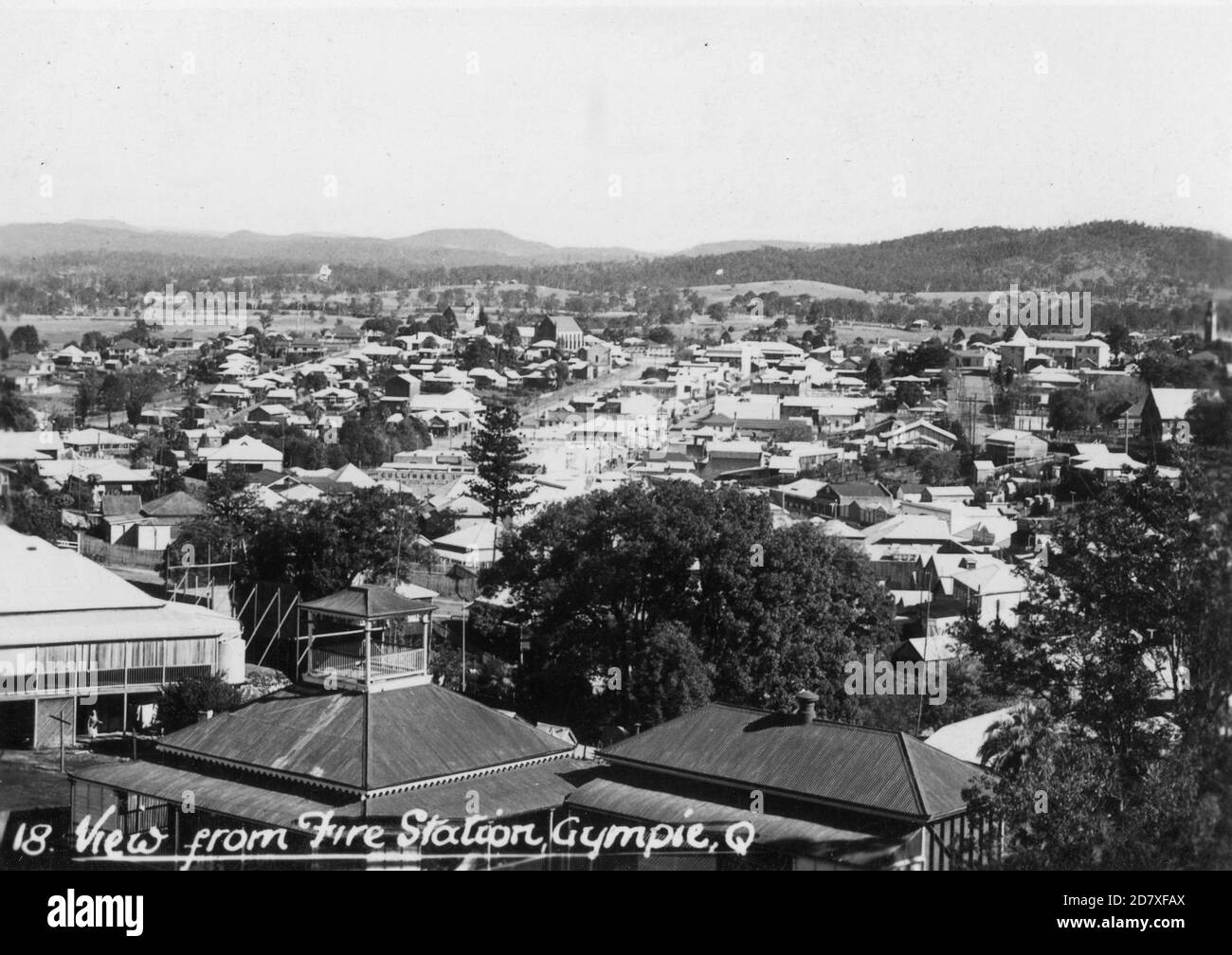 Postkarte mit Blick von der Feuerwache in Gympie, Queensland, Australien, um 1940er Jahre. Aus der Sammlung der Familie McKechnie. Stockfoto