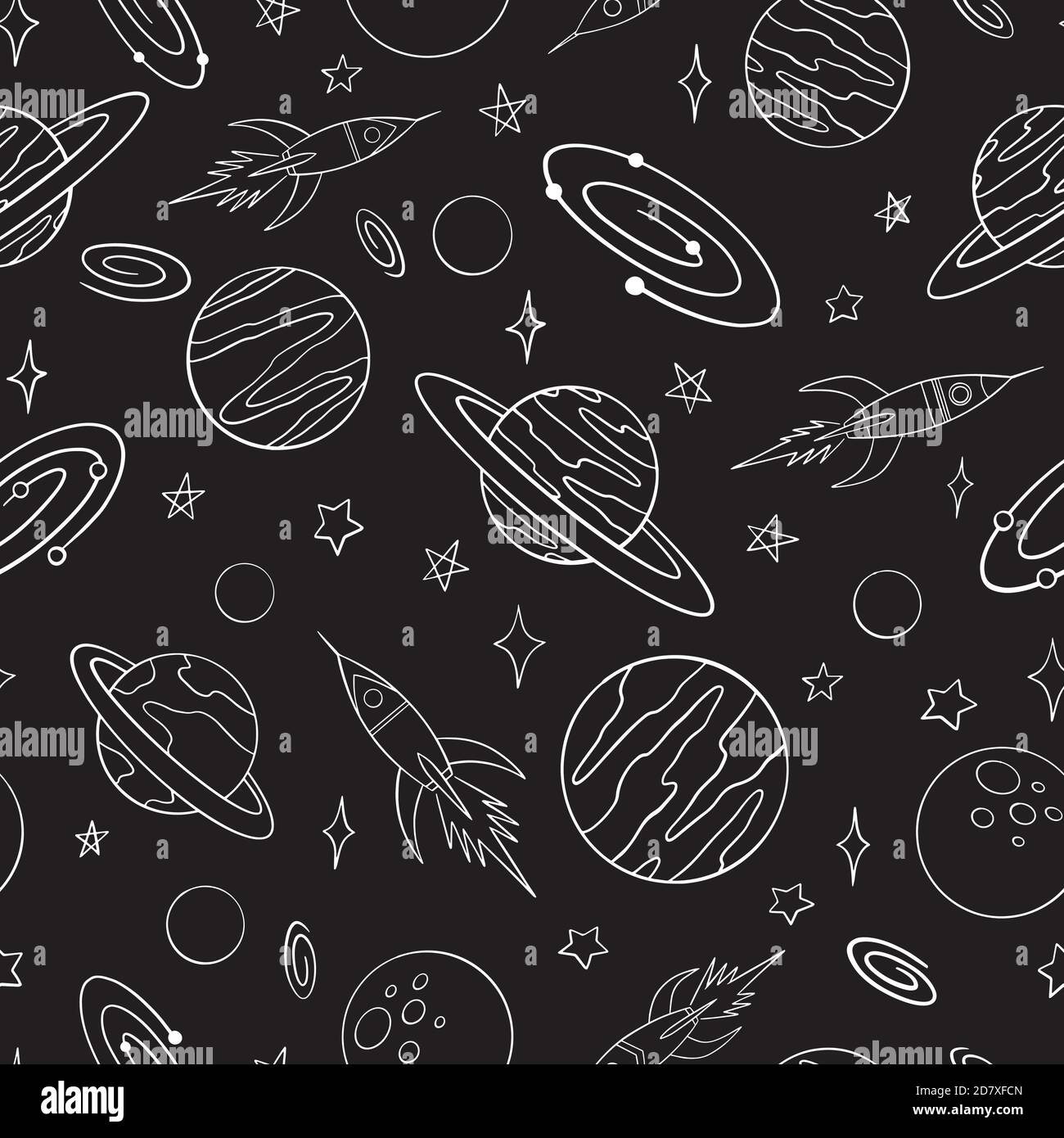 Raumschiffe und Planeten Doodle nahtlose Muster. Handgezeichneter Hintergrund. Vektor-Illustration für Oberflächengestaltung, Druck, Poster, Icon, Web, Grafik-Design Stock Vektor