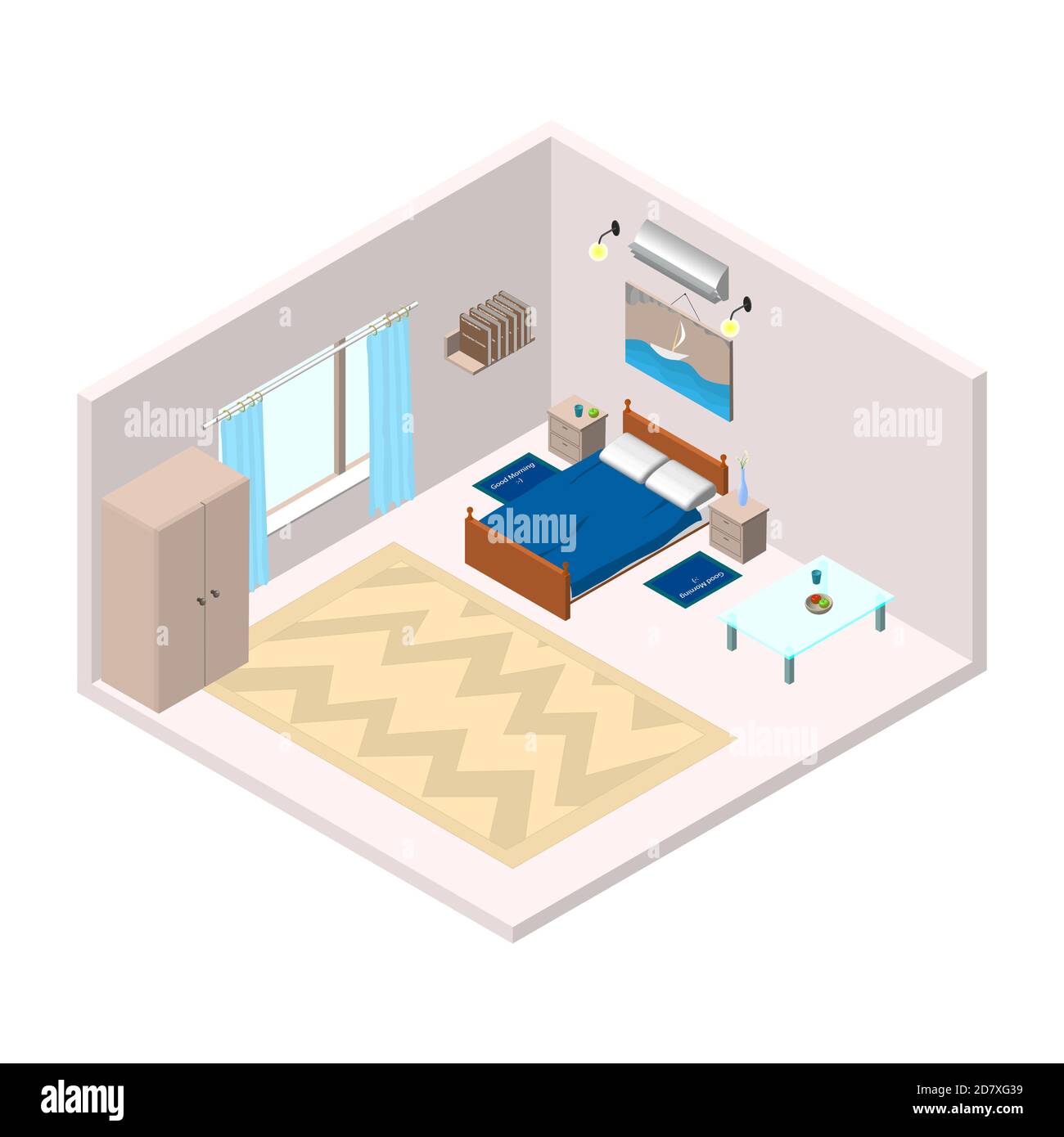 Isometrisches Wohnzimmer Schlafzimmer mit Möbeln. Geeignet für ein Hotel oder Wohngebäude. Stockfoto