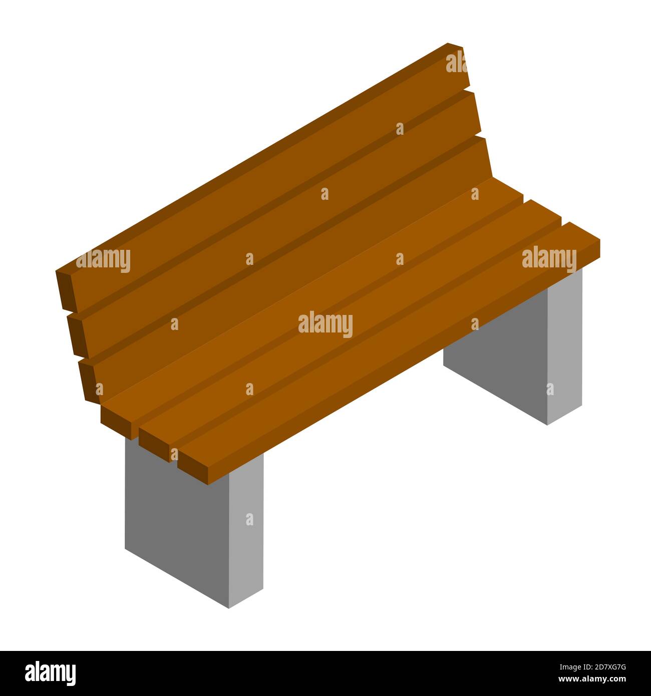 Einfache braune City Bank mit Rückenlehne in isometrischer Ansicht isoliert auf weiß. Betonsockel und Holzsitz. Vektor EPS10. Stock Vektor