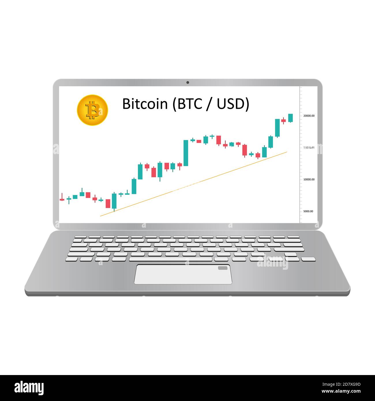 Laptop mit Bitcoin-Preistabelle auf dem Bildschirm isoliert auf weiß. Ein Computer mit einem System für den Handel mit Kryptowährung. Vorderansicht. Vektor EPS10. Stock Vektor