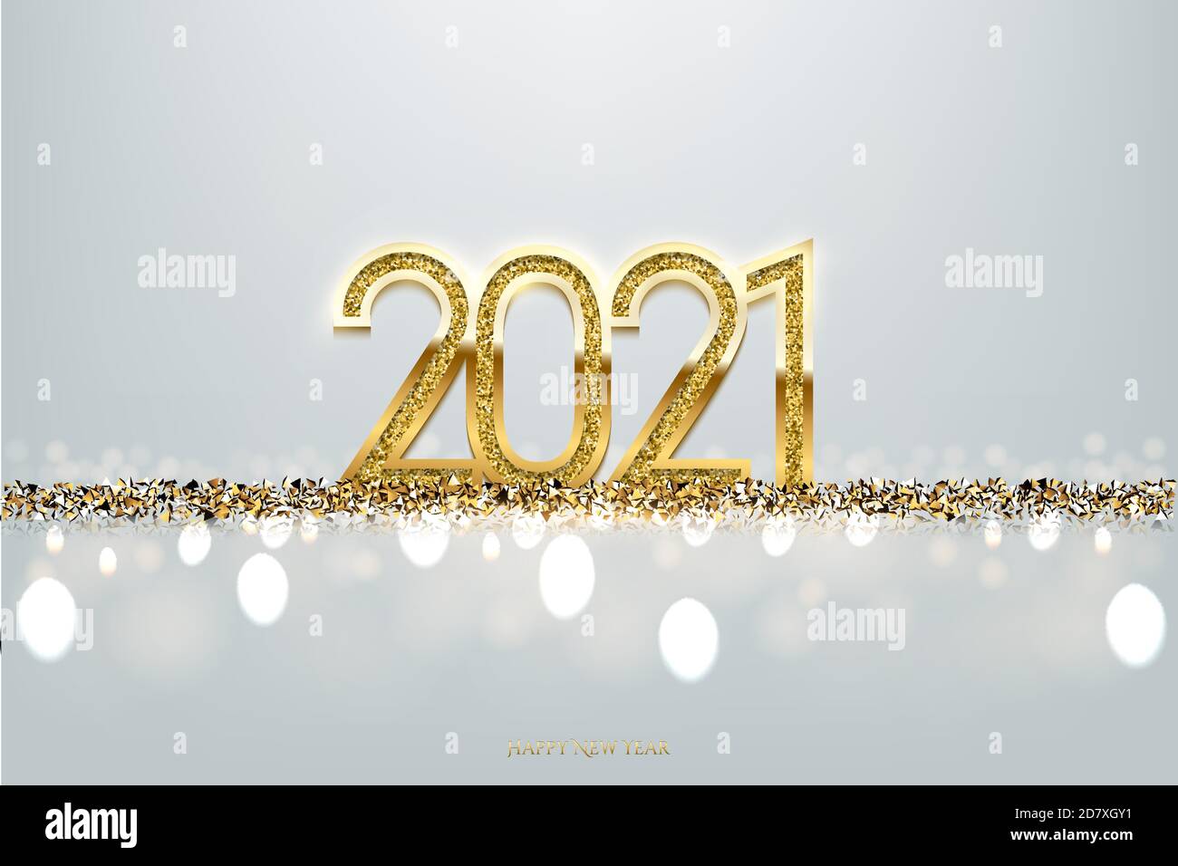 2021 Happy New Year Banner Vektor-Vorlage. Winterurlaub, weihnachten Herzlichen Glückwunsch. Festliche Postkarte, luxuriöses Grußkartenkonzept. Stock Vektor