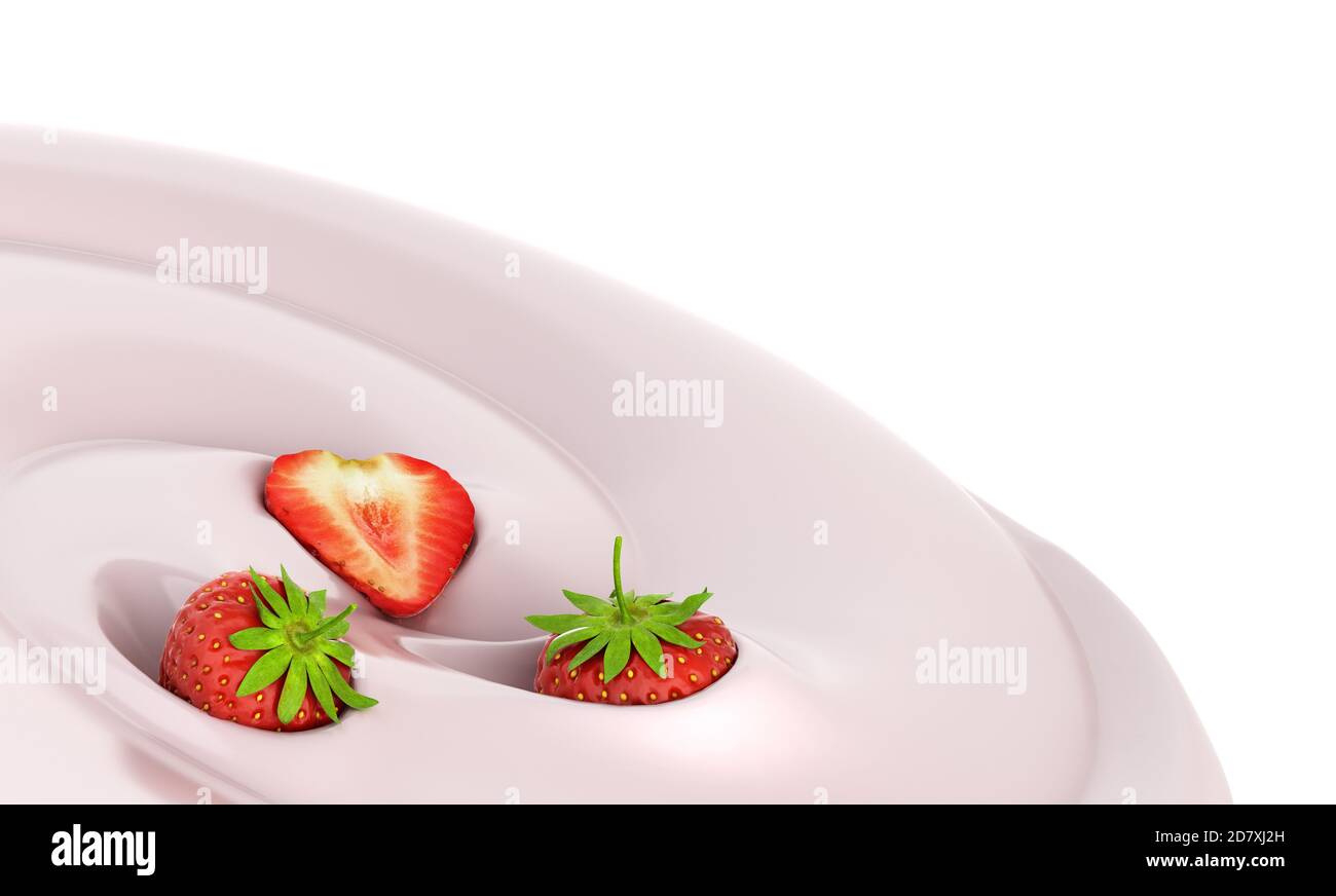 Erdbeerfloat in einem Joghurt Präsentation von Milchprodukten gewürzt 3d-Renderbild Stockfoto