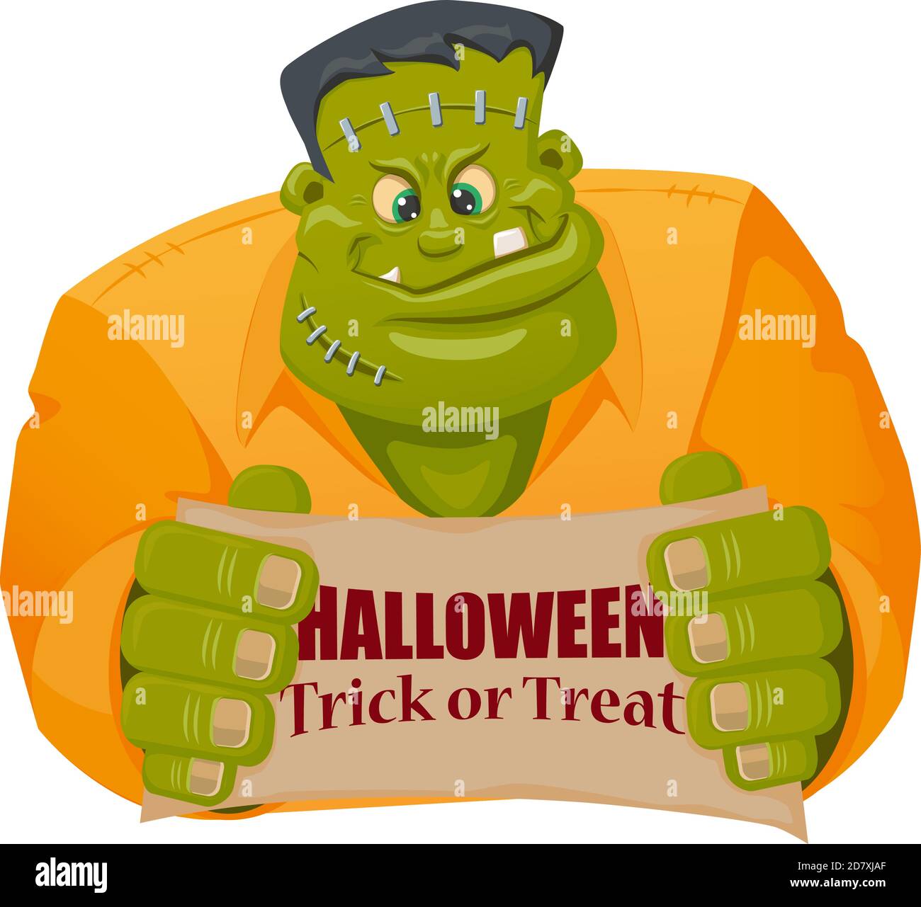 Frankenstein Monster Charakter im Cartoon-Stil. Banner mit Schild - Halloween. Trick or Treat. Stock Vektor