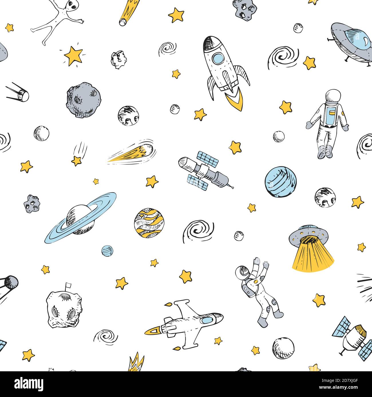 Vektor bunte Doodle Raum nahtlose Muster mit Raum-Objekte. Raumschiffe, Rakete, Planeten, fliegende Untertassen, Astronauten, Sterne, Kometen, ufo etc. Ha Stock Vektor