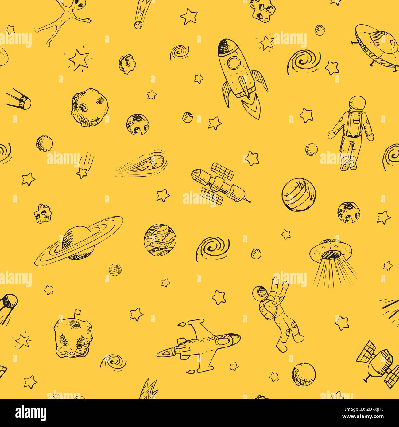 Vektor Doodle Raum nahtlose Muster mit Raum-Objekte. Raumschiffe, Raketen, Planeten, fliegende Untertassen, Kosmonauten, Sterne, Kometen, Satelliten, ufo etc Stock Vektor