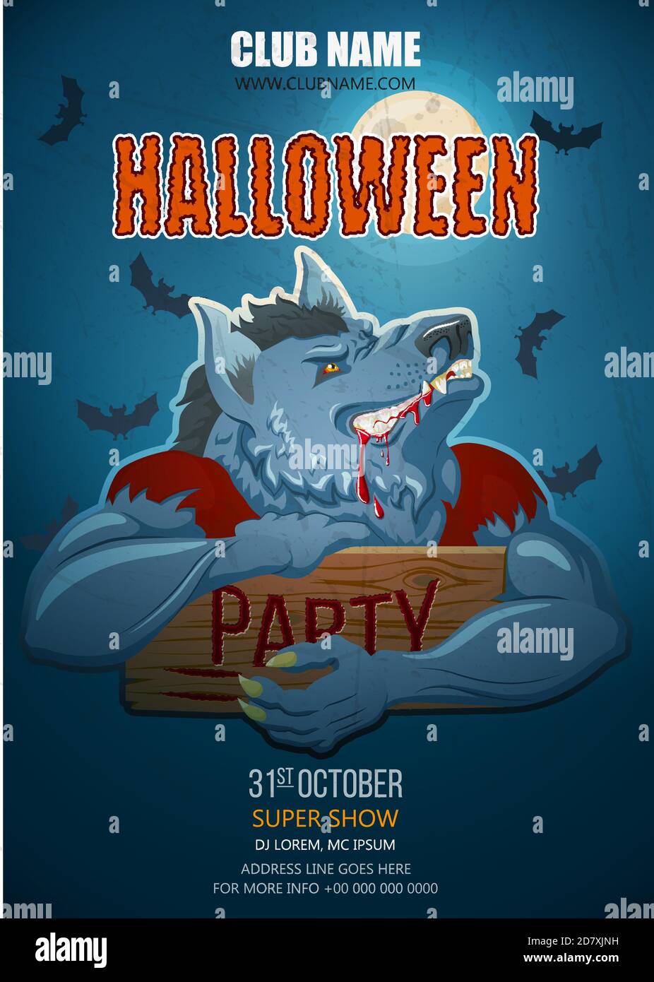 Halloween Nachtparty mit Werewolf Charakter Design Hintergrund für Einladung, Karte, Poster, Flyer. Werwolf für Halloween Party. Cartoon-Stil. Stock Vektor
