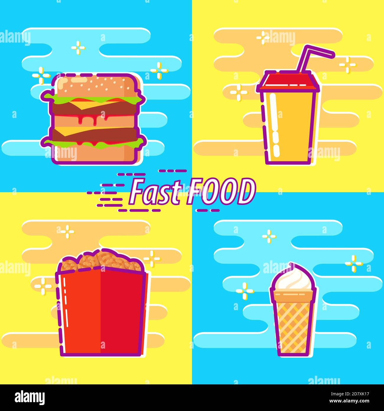Set von bunten Fast Food flache Design-Symbole. Big Burger, Saft oder Soda, Huhn, Eis. Fastfood-Schlangen. Fastfood-Restaurant. Elemente für Web, Stock Vektor