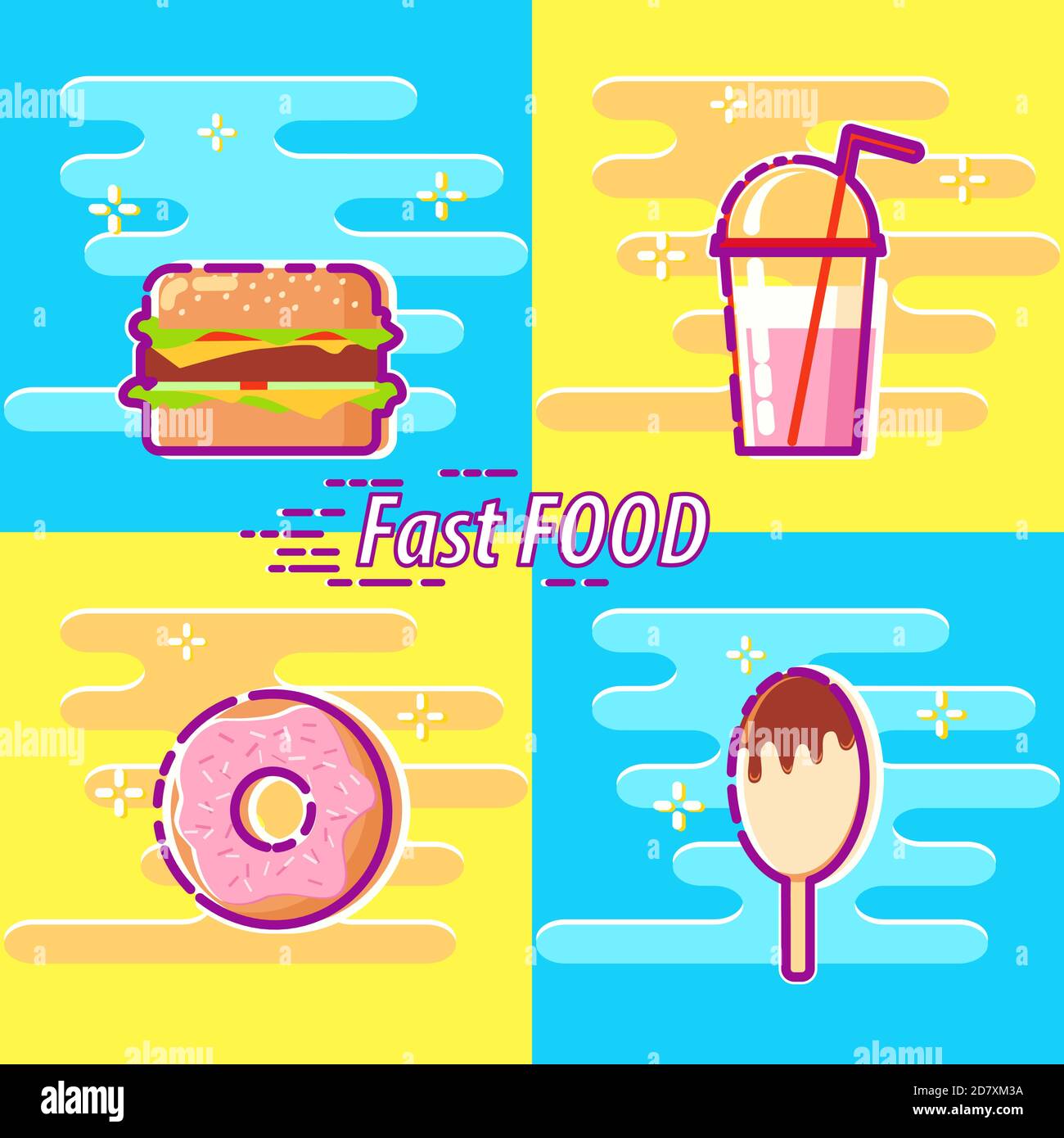 Set von bunten Fast Food flache Design-Symbole. Cheeseburger, Milchshake, Donut, Eis. Fastfood-Schlangen. Fastfood-Restaurant. Elemente für Web, deco Stock Vektor