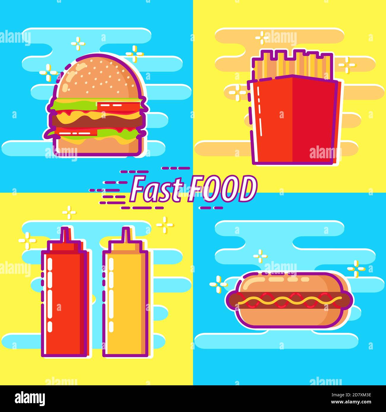 Set von bunten Fast Food flache Design-Symbole. Burger, pommes frites, Ketchup, Senf, Hot Dog. Vector Fast Food Schlangen. Fastfood-Restaurant. Elemente Stock Vektor