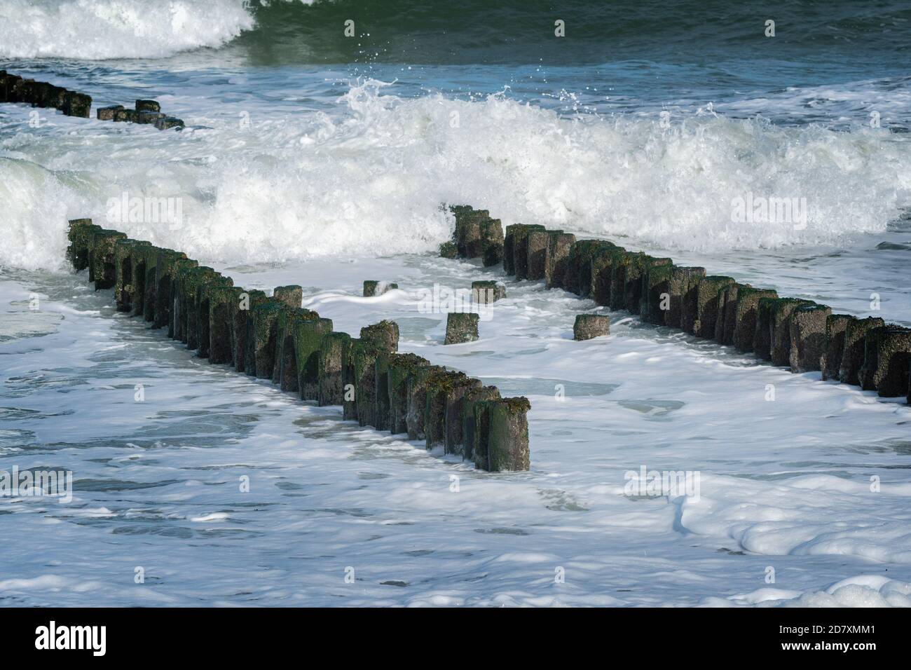 Doppelte Reihe von hölzernen Wellenbrechern umgeben von plätschernden Wellen an der Nordseeküste in Westkapelle, Zeeland, Niederlande. Stockfoto