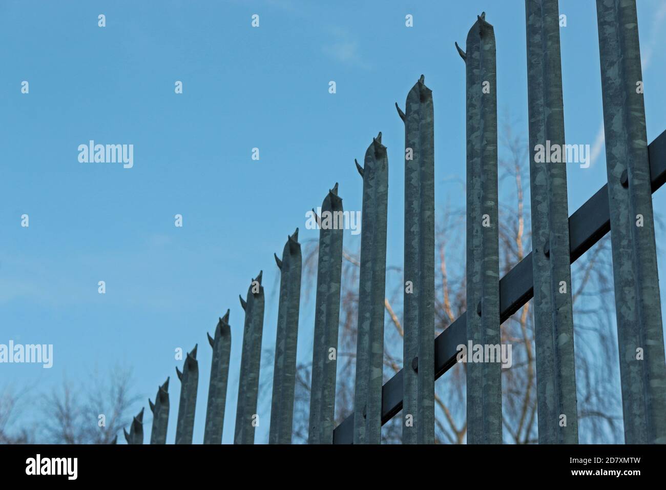 Metall Palisade Sicherheit Einzäunungsschiene und Spitzen mit drei Spitzen auf jedem aufrechten blassen und verschwommen Bäume und blauer Himmel im Hintergrund. Stockfoto