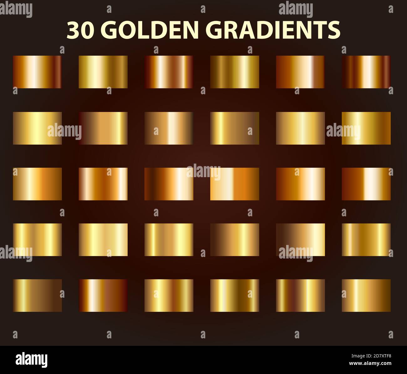 30 Goldene Texturen. Leichte realistische, glänzende, goldene Metallic-Farbverlaufvorlagen Kollektion. Abstrakte Metalldeko. Design für Auszeichnung, Hintergrund Stock Vektor