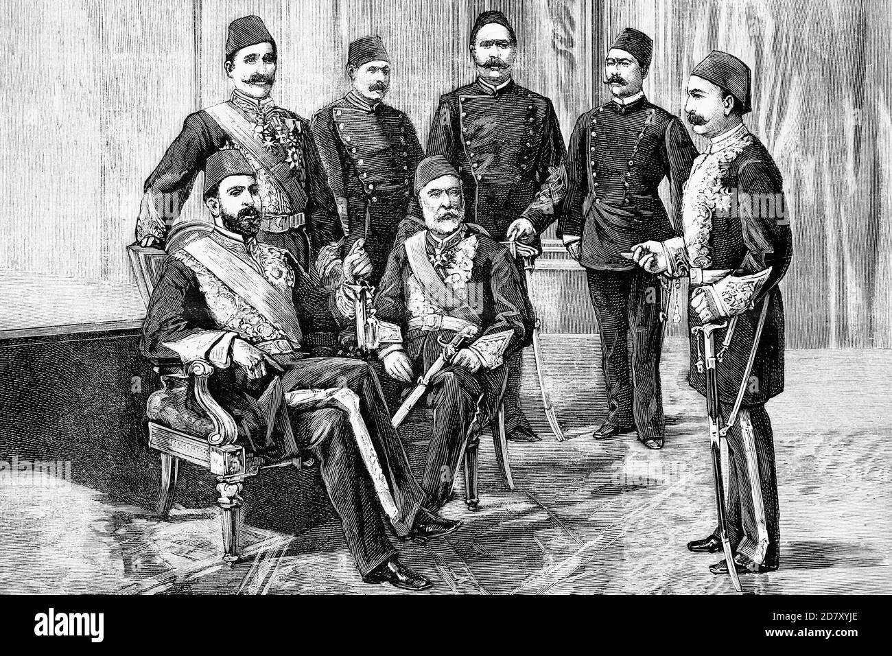 Ägyptens politische Krise: Der Khedive Tewfik und die wichtigsten Führer der nationalistischen Partei. Antike Illustration. 1882. Stockfoto