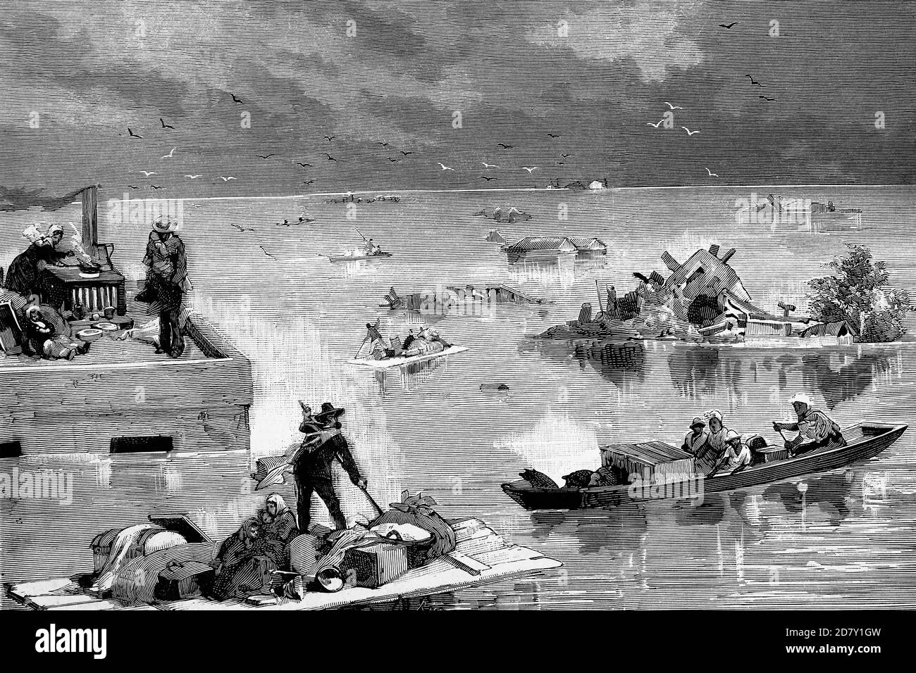 Tragischer Überlauf des Mississippi Flusses bei Memphis, mit schweren Überschwemmungen. Februar 1882. Antike Illustration. 1882. Stockfoto
