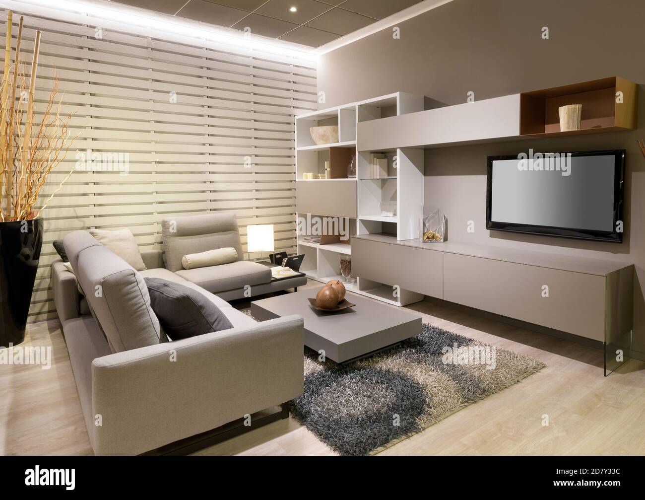 Moderne, minimalistische Einrichtung im Wohnzimmer oder im Wohnzimmer mit beigefarbener Einrichtung Und ein großes bequemes Sofa mit Blick auf einen Fernseher und eine Wand Einheit mit Couchtisch und ru Stockfoto