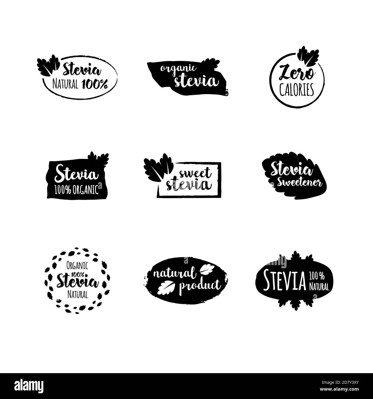 Vektor-Set von weißen Design-Elementen, Logo Design-Vorlage, Symbole und Abzeichen mit Süßstoff Stevia. Beschriftungen Vektorset. Stock Vektor