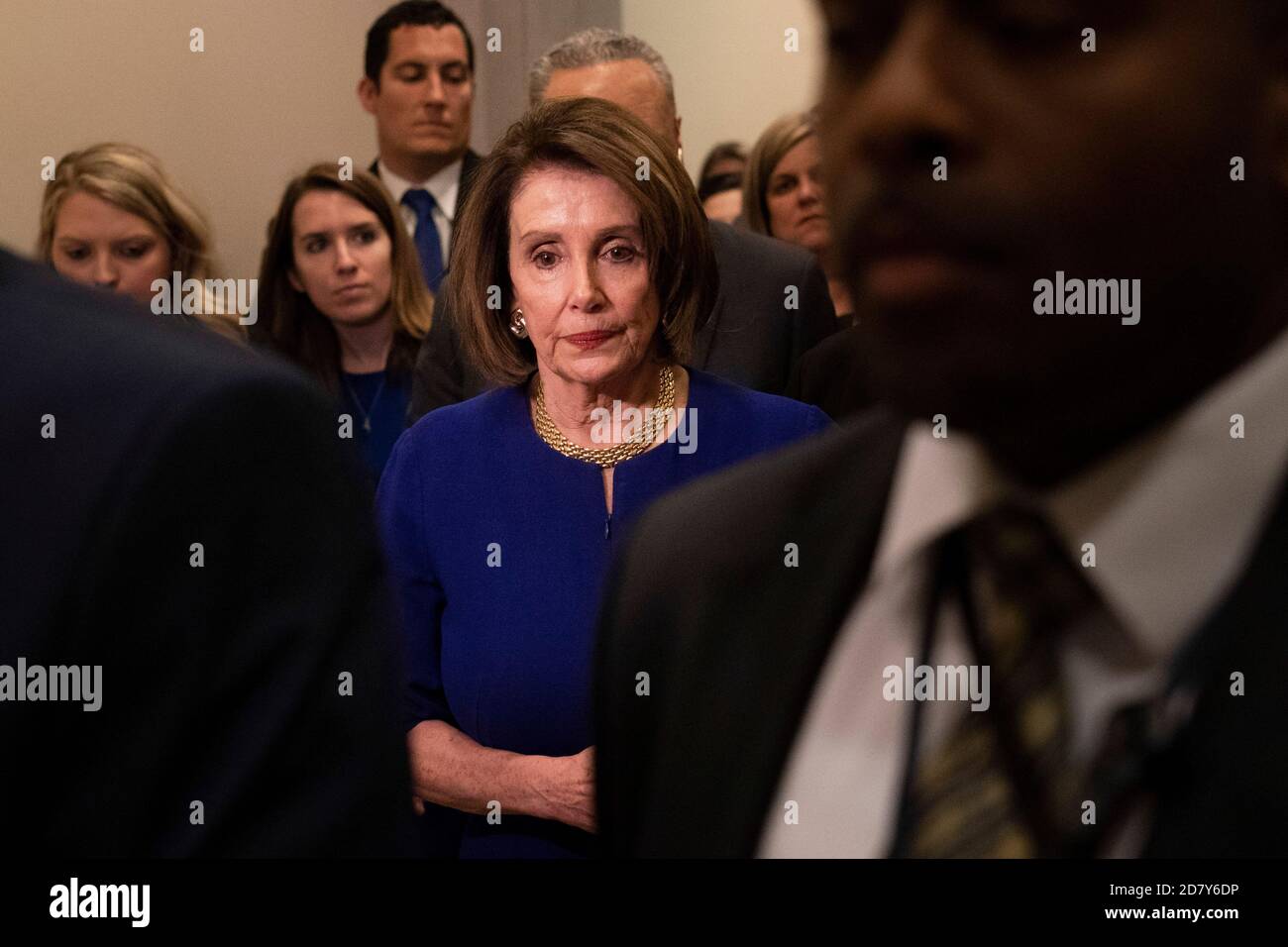 Die Vertreterin Nancy Pelosi, Demokratin aus Kalifornien und Sprecherin des Repräsentantenhauses, verlässt eine Pressekonferenz im US-Kapitol, nachdem sie von einem Treffen mit Präsident Trump im Weißen Haus am Mittwoch, dem 22. Mai 2019 in Washington zurückgekehrt ist, D. C. die Besprechung war für die Besprechung eines Infrastrukturplans vorgesehen, doch laut Berichten wurde die Besprechung abrupt beendet. Quelle: Alex Edelman/The Photo Access Stockfoto