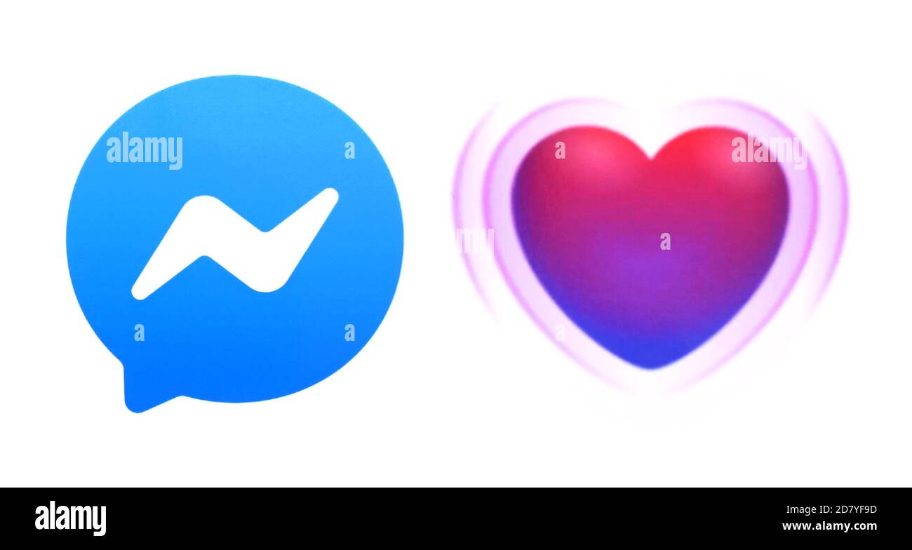 Kiew, Ukraine - 18. April 2020: Facebook Messenger Icon mit neuem Herz Icon, gedruckt auf Papier. Facebook fügt eine Herz-Symbol-Reaktion zu zeigen, Pflege d Stockfoto