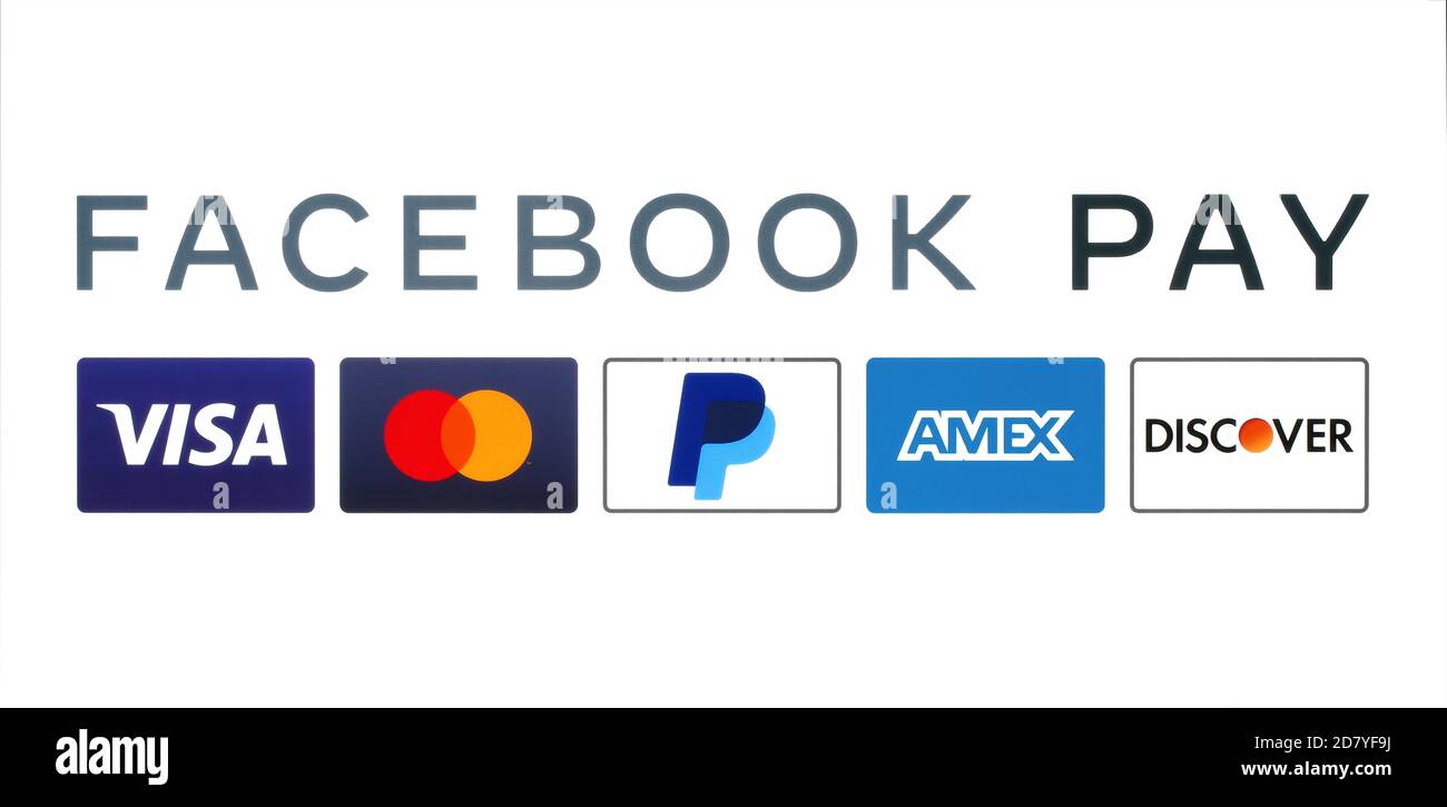 Kiew, Ukraine - 25. August 2020: Facebook Pay arbeitet mit multinationalen Finanzdienstleistungen wie: Visa, Mastercard, PayPal, American Express und Disc Stockfoto