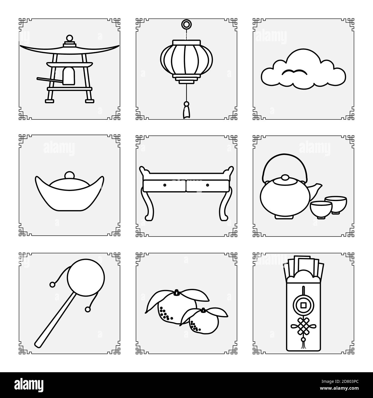 Symbole des chinesischen Neujahrs 2021 Vektor-Illustration Chinesische Laterne, Glocke, Wolke, Teekanne und Tassen, Tisch, Ingot, Umschlag mit Geld, Mandarinen, Stock Vektor