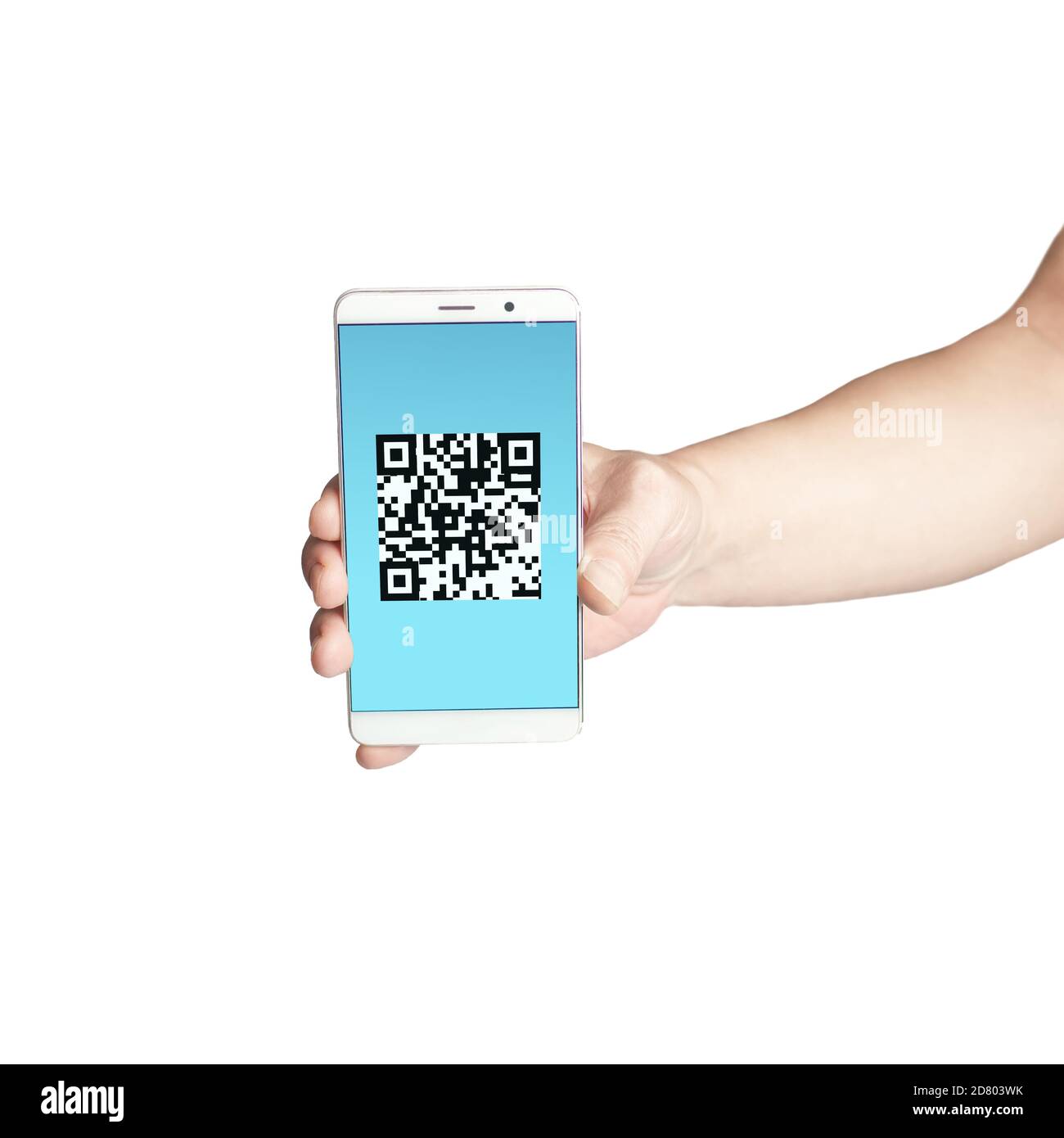 Verwenden Sie das Telefon, um den isolierten QR-Code anzuzeigen Ein weißer Hintergrund Stockfoto
