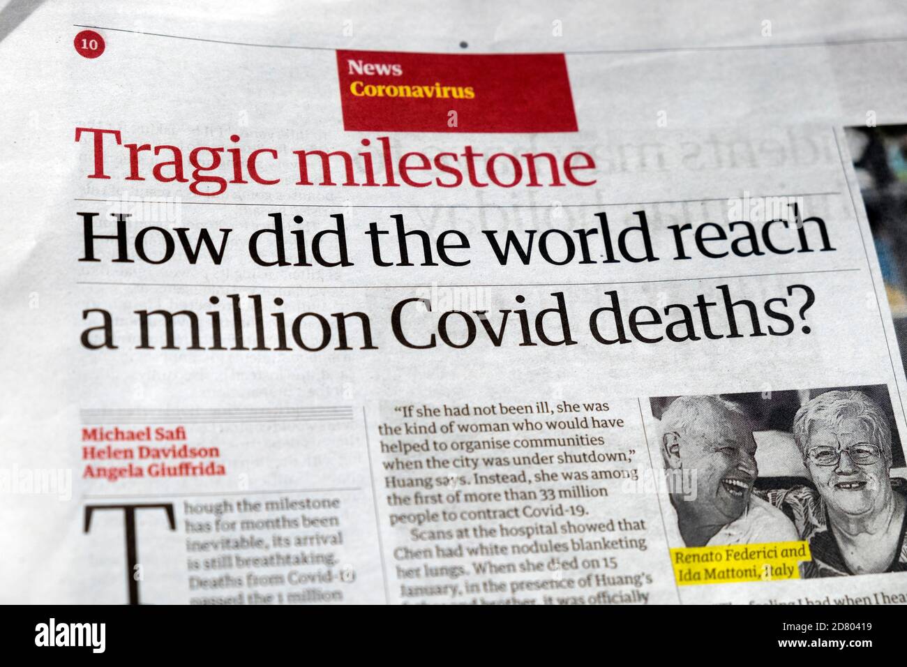 Coronavirus News Guardian Schlagzeile Artikel "tragischer Meilenstein wie hat die Welt erreicht eine Million Covid Todesfälle?" London England, Großbritannien, 29. September 2020 Stockfoto