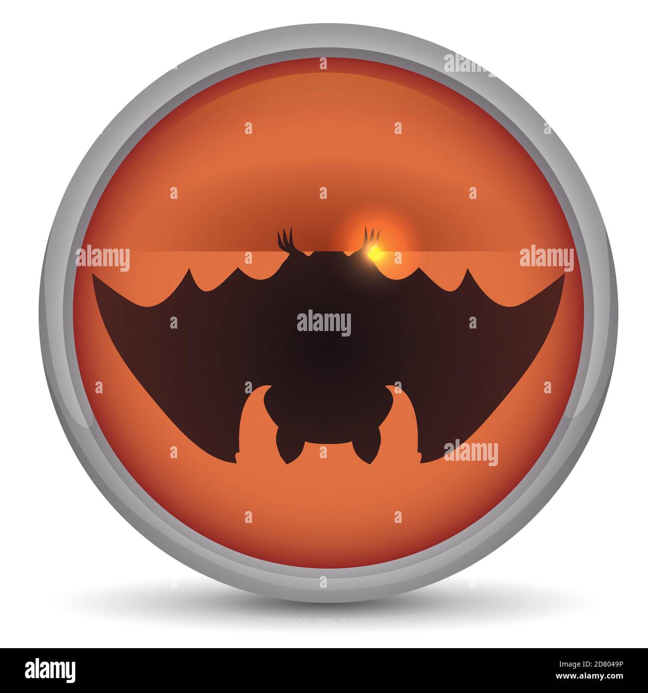 Orangefarbener runder Knopf mit silbernem Rahmen, verziert mit hängender Fledermaus-Silhouette im Inneren, auf weißem Hintergrund. Stock Vektor