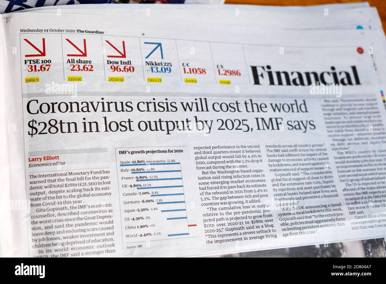 "Die Coronavirus-Krise wird die Welt bis 2025 28 US-Dollar an Produktionsausfall kosten", sagt der IWF.Headline Artikel der Finanzzeitung 14. Oktober 2020 London England Großbritannien Stockfoto