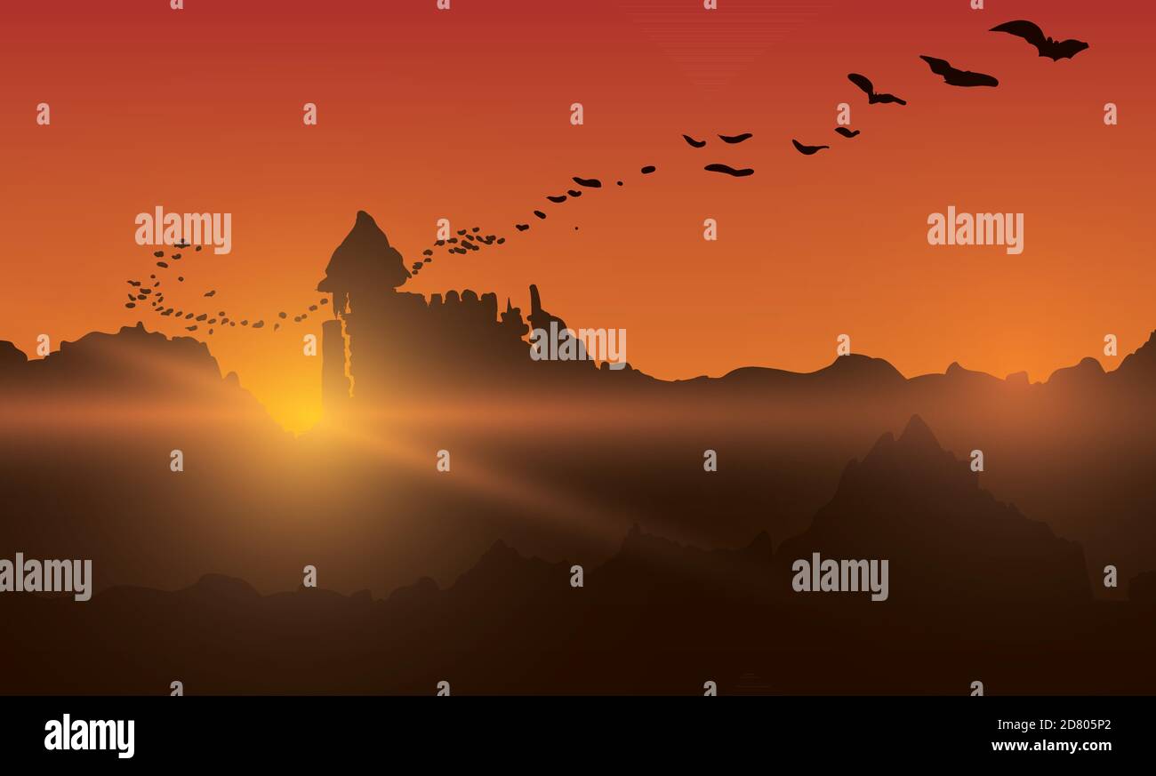 Banner mit Blick auf den Sonnenuntergang über der alten Burg mit einem Schwarm von Fledermäusen aus. Stock Vektor